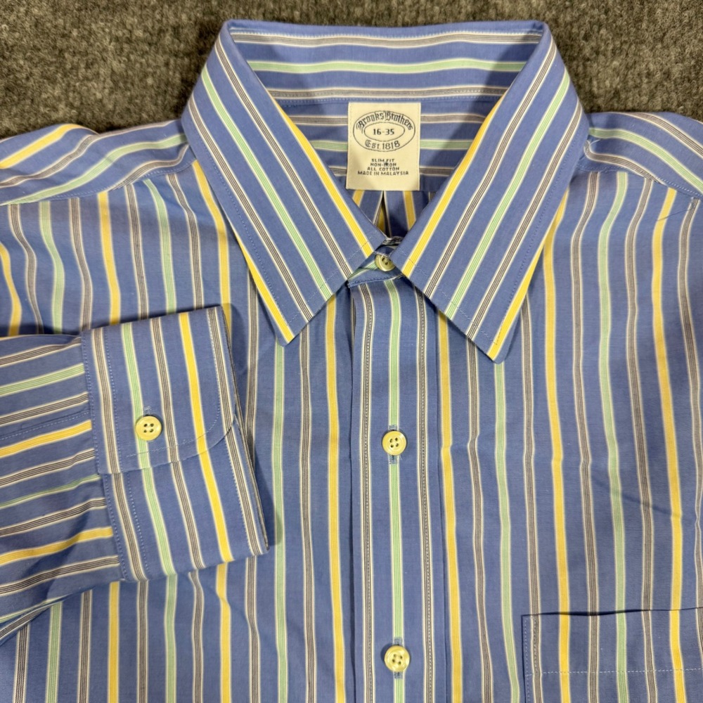 Brooks Brothers Dress Shirt Slim Fit Non-Iron Mens 16-35 Blue Striped Cotton EUC